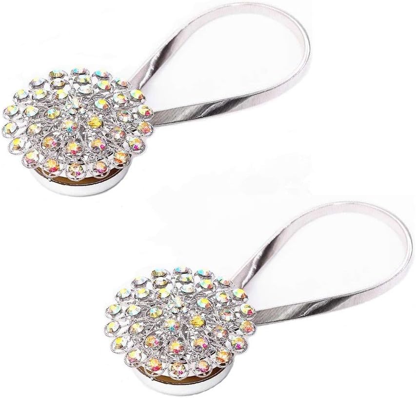 CCUCKY 2pcs Sparkling Magnetic Curtain Tiebacks, Crystal Curtain Hold Backs, Curtain Clip with Spring Rope