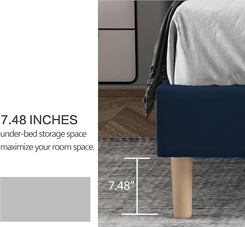 Miniatura 22 de Zoophyter Base de cama tapizada de tamaño matrimonial con cabecero, listones de madera fuertes, no necesita somier, fácil montaje, lino blanco