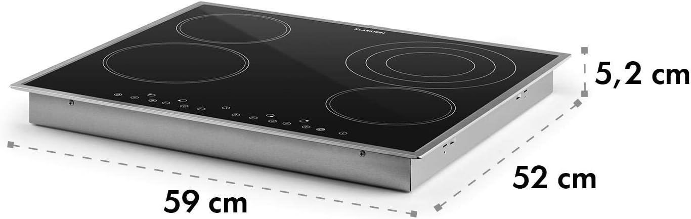 Diagram showing the dimensions of the Klarstein Virtuosa hob: 59 cm width, 52 cm depth, and 5.2 cm height.