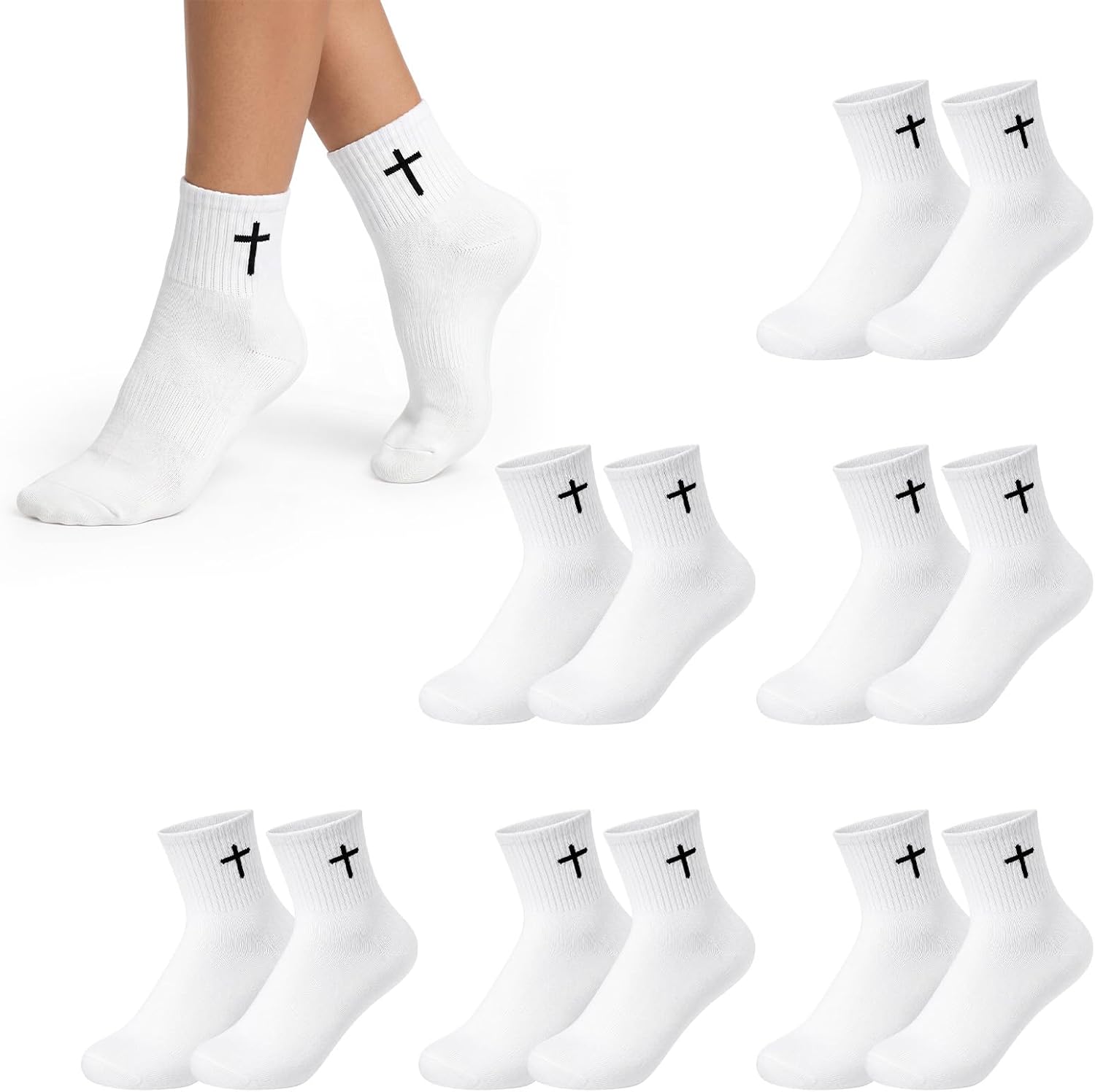 Skicuff 6/9 Pairs Christian Cross Socks Prayer Quarter Crew Stockings Embroidered Religious Socks for Men Women Birthday Gift
