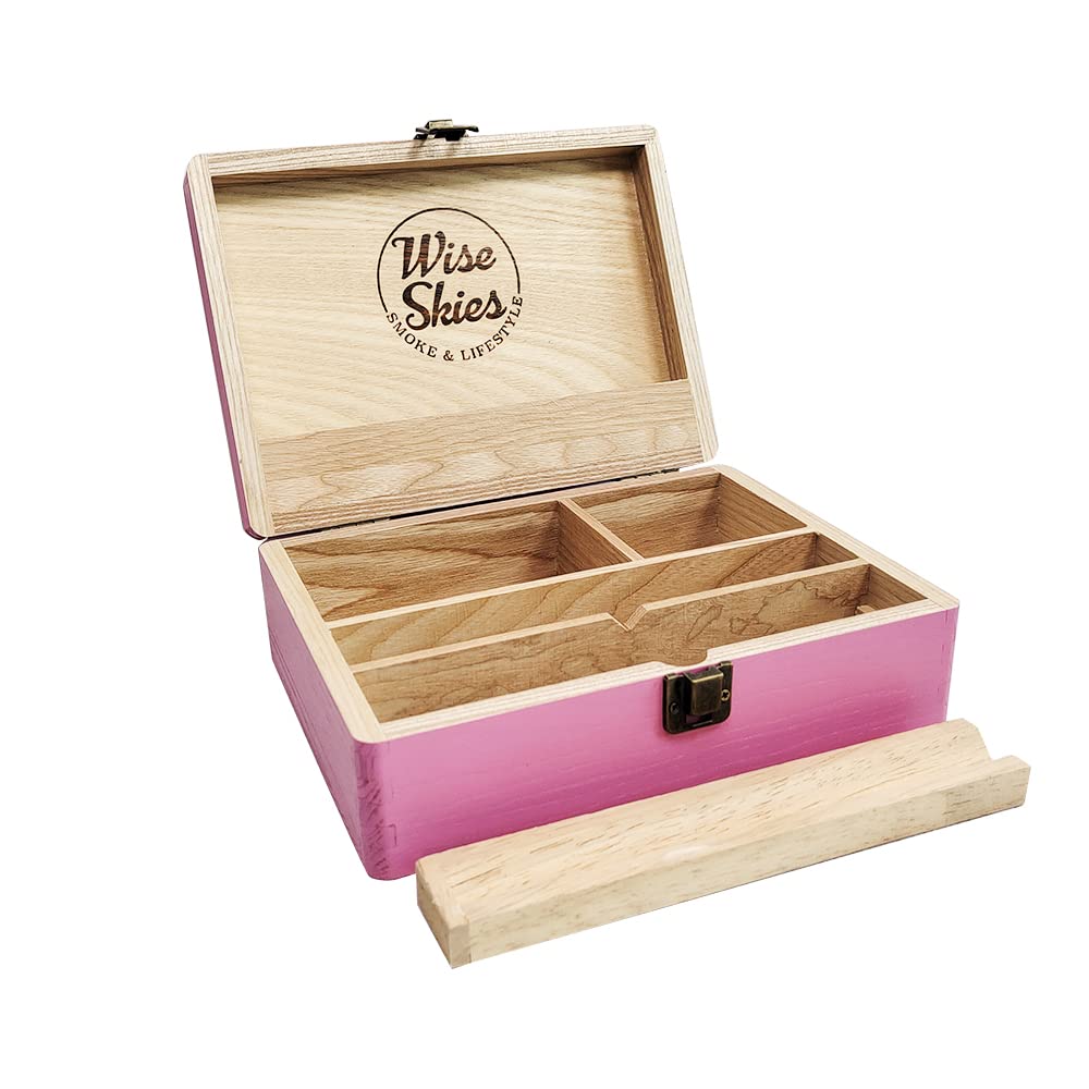 Wise Skies Large - Pink Wooden Rolling Box - Boxes With Hinged Lids Rolling Tray Storage (Large - Pink)