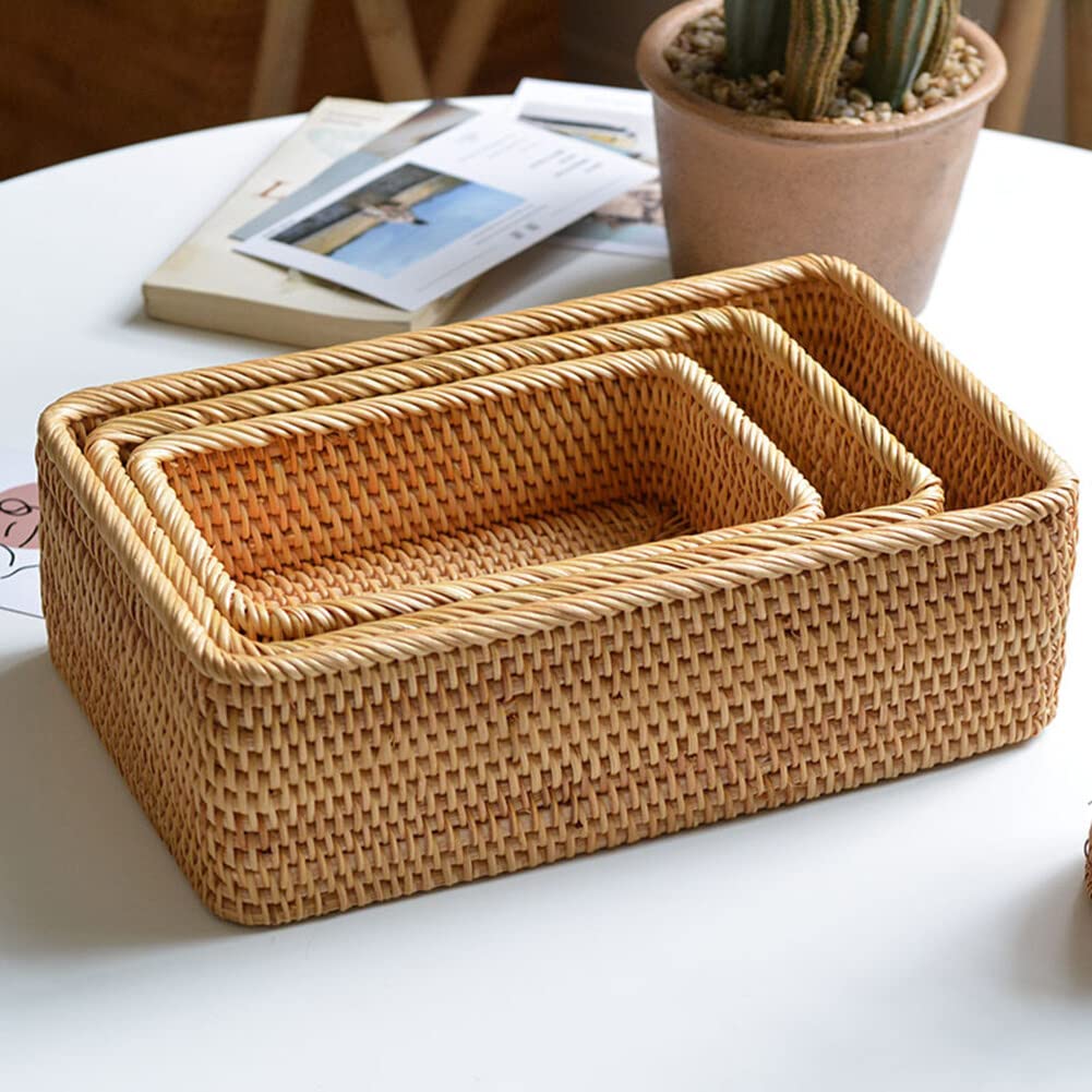 Rattan Serving Tray, Rectangular Woven Tray, Natural Wicker Decorative Serving Baskets for Organizing Bathroom Kitchen Counter Tabletop Wicker Trays for Decor