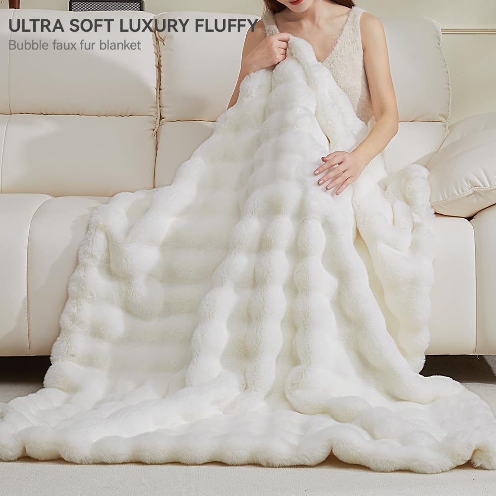 Soft Faux Rabbit Fur Throw Blanket Luxury Super Comfy Double Sided Ultra Cozy Thick Warm Fluffy Blanket for Couch Chair Sofa Bed Living Room Camping, Plush Fuzzy Bubble Blanket, 970 GSM, 50''x60''