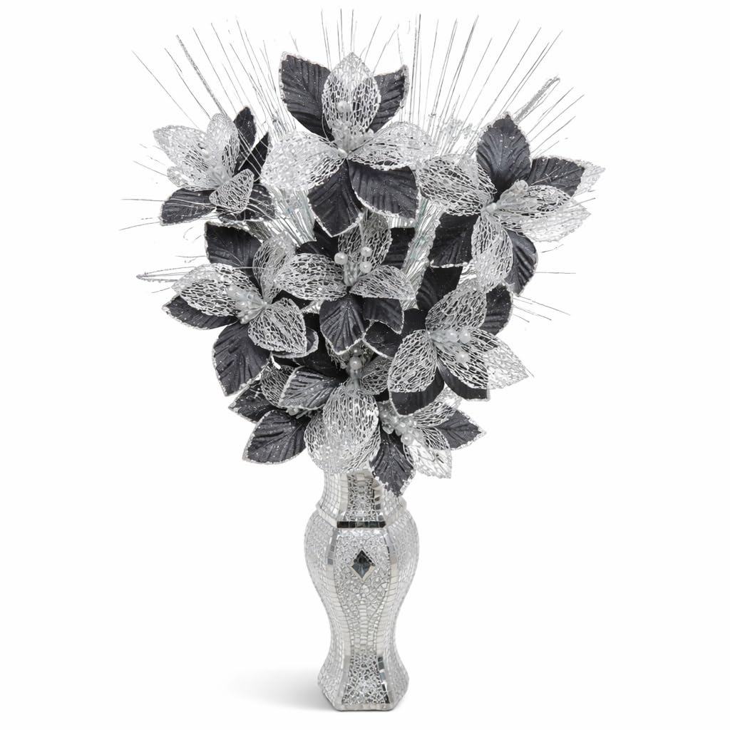 SEGOY New Silver and Black Artificial Glitter Flower Bouquet, Silk Flowers, Sparkly Home Décor 35cm (flowrs olny)