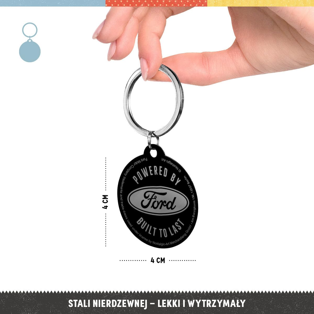 Nostalgic-Art Retro brelok do kluczy, Ø 4 cm, Ford – Built to last – Pomysł na prezent dla miłośników Forda, Official License Product (OLP), z metalu, Styl vintage