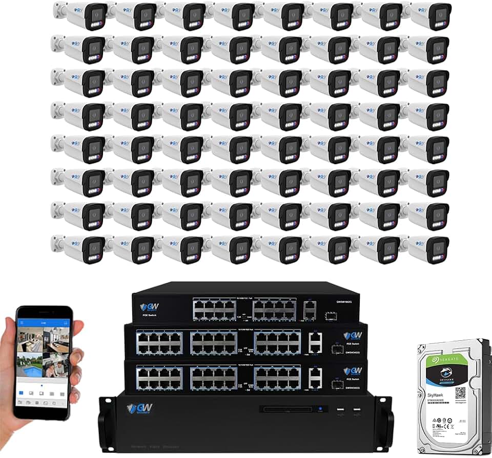 GW Security 64 Channel 12MP NVR UltraHD License Plate/Face Recognition NDAA & TAA Compliant Security Camera System with 64 x 5MP Outdoor & Indoor Color Night Vision Two-Way Audio PoE Bullet Cameras