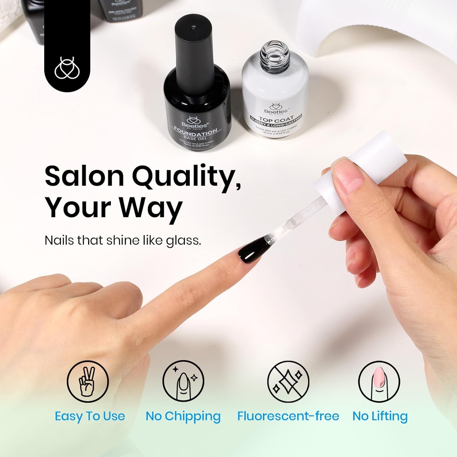 Beetles 2Pcs 15ml Gel Base and Top Coat Set - Upgrade No Wipe Extra Glossy Top Coat Finish for Gel Nail Polish, Soak Off UV/LED Lamp Needed, Essentials for Long-Lasting Manicure Christmas Kit