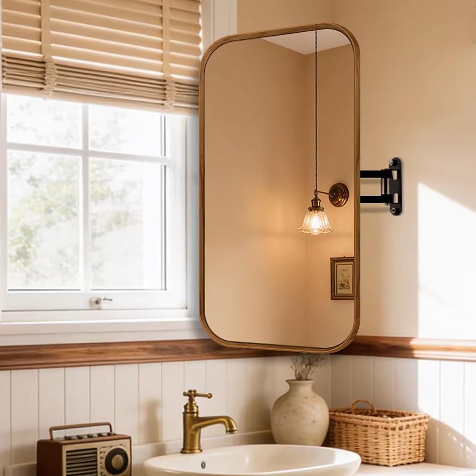 Scumlovy Rectangular Bathroom Corner Mirror, Vanity Mirrors, Wall Mount Pivot Mirror with Metal Frame and Swivel Extendable Arm, Vertical & Horizontal(Wood color,60x100cm/23.6x39.4in)