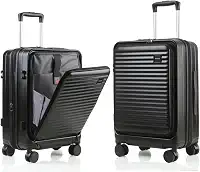 Bagagem de mão de 50 cm com compartimento para laptop, malas leves expansíveis de policarbonato rígido com rodas giratórias e trava TSA, Preto, 20 Inch-EXT, Compartimento para laptop, mala