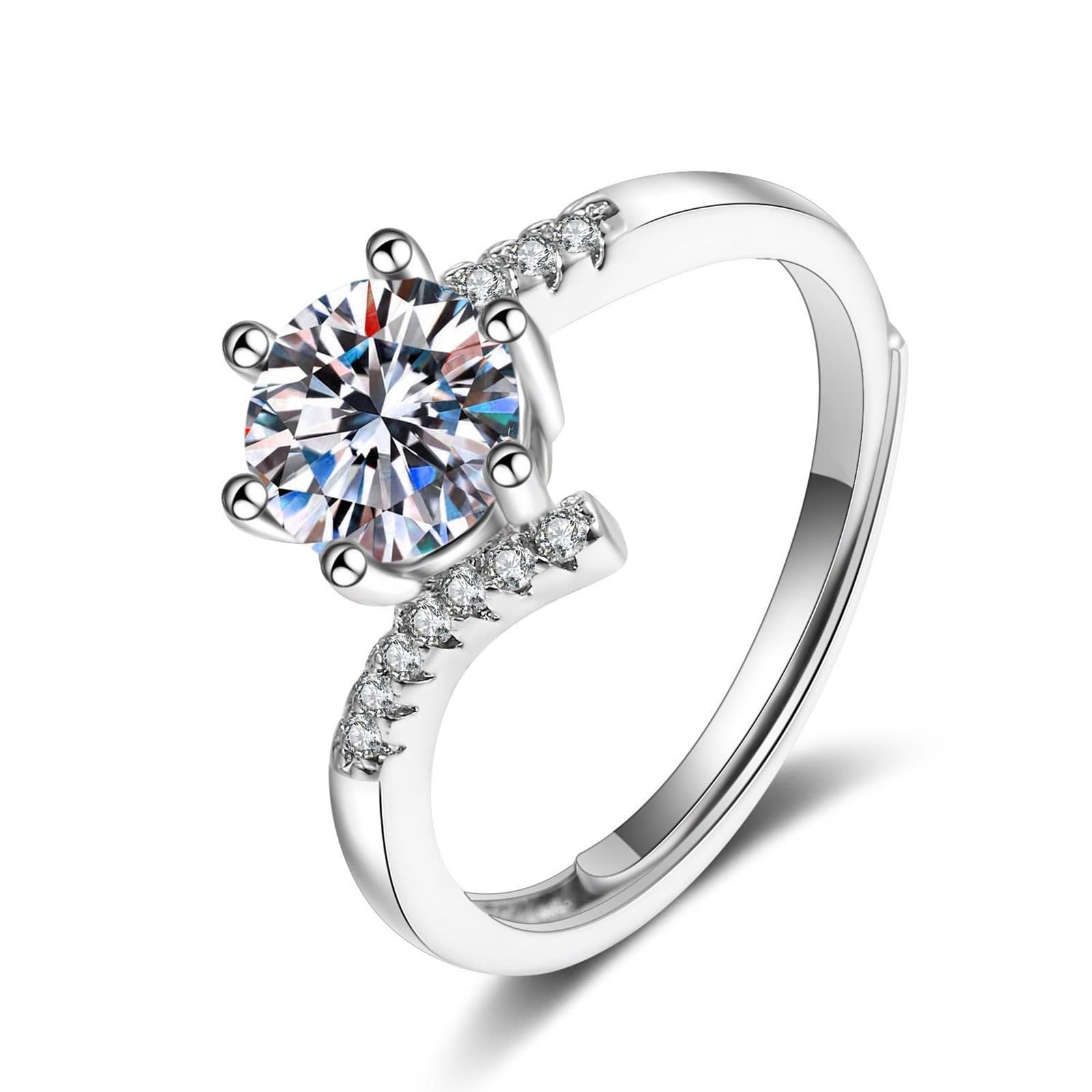 14 Karat Weißgold Ehering Moissanit Weiß, Matching Rings 6 Zinken