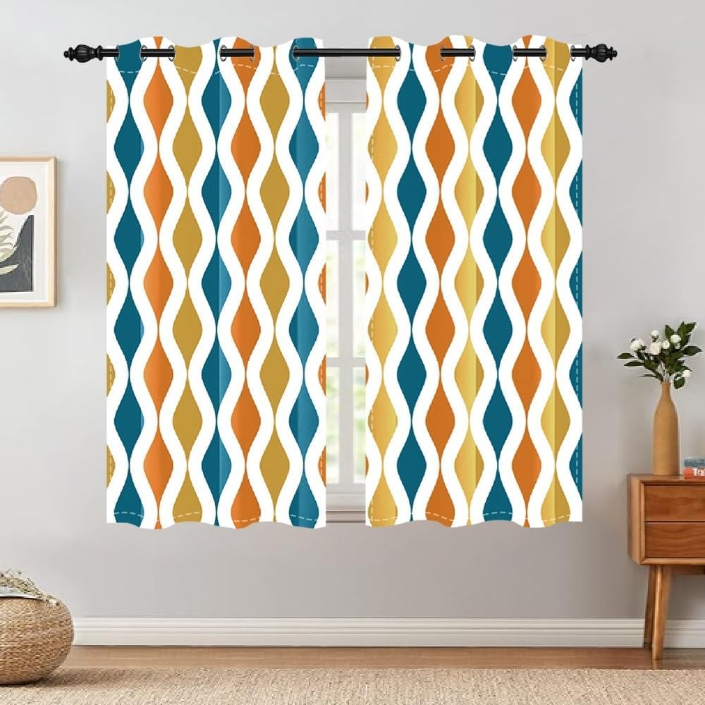 Mid Century Window Curtains Orange Yellow Turquoise Geometric Stripes Window Treatments for Bedroom Living Room Patio Kitchen Blackout Window Drapes with Grommets 2 Panel Set,42x63inch