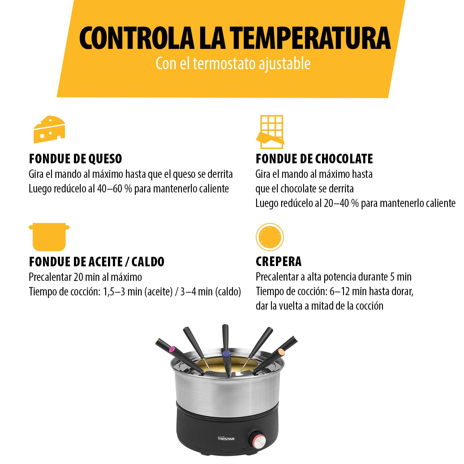Tristar Fondue Eléctrica, 1,5 L Acero Inoxidable, 2 en 1 con Función Crepes, Piezas Apto Lavavajillas, Libre de PFAS, Para hasta 8 Personas, FO-1110