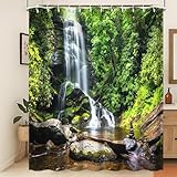 Xiaoterna Tenda da doccia natura Primavera Cascata Tenda da bagno Giungla tropicale verde foresta paesaggio muschio pietra fiume lavabile tenda da doccia Decorazione bagno impermeabile 180x200cm