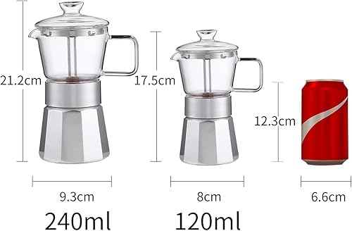 Miniatura 7 de SIXAQUAE Moka - Cafetera de café expreso, encimera de cristal y cafetera de aluminio para expreso, cafetera italiana clásica, 12.2fl oz (8taza)