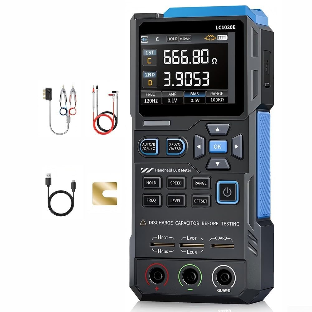 Digitales LCR-Meter, tragbarer Brücken-LCR-ESR-Tester mit 100 Hz/120 Hz/1 kHz/10 kHz/100 kHz Prüffrequenzen zur Messung von Kapazität, Induktivität und elektronischen Bauteilen