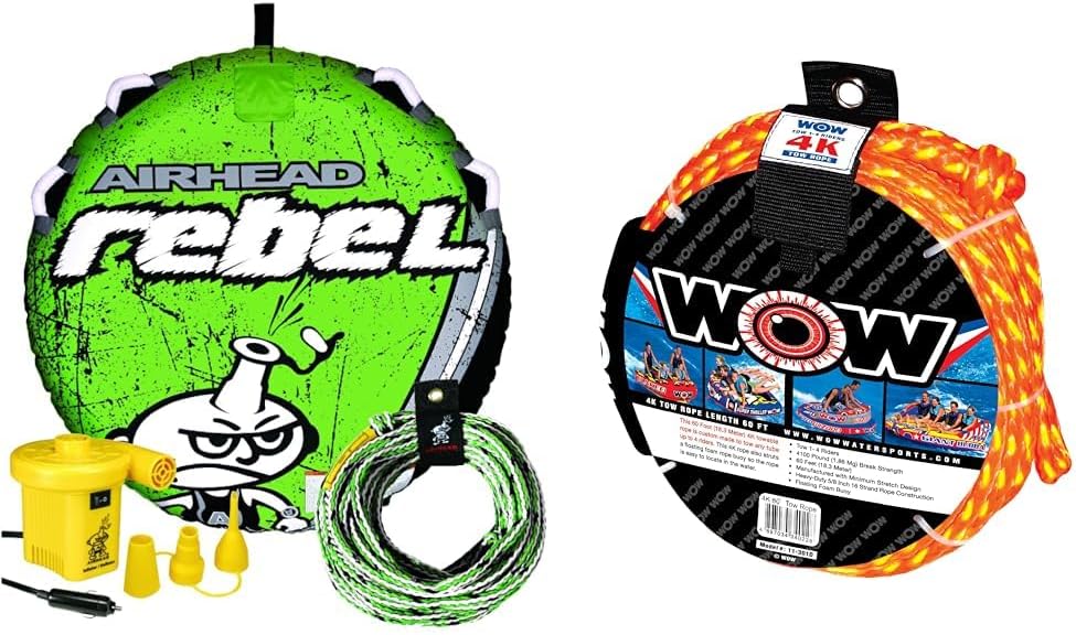 Airhead 1 Rider Tube Kit, Wow Sports 60 ft Tow Rope - Rebel Towable with Rope, Pump, Kwik-Connect, Full Nylon Cover and Floating Foam Buoy