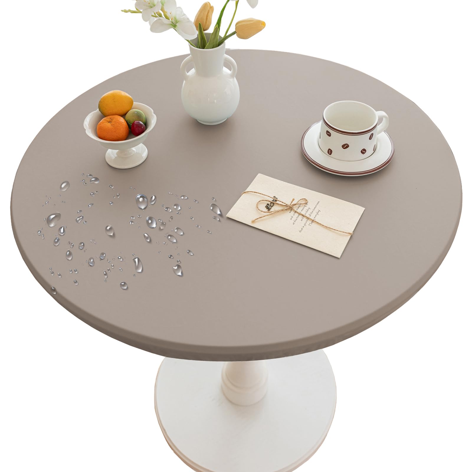 Thdsubb Round Tablecloth Leather Waterproof Tablecover Elastic Edged Fitted Table Protector Cover Wipeable for Home Picnic Party (Taupe,110cm)