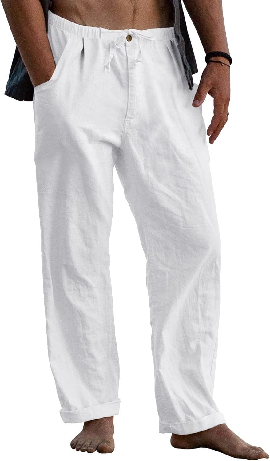 Runcati Pantalones de lino para hombre, holgados, ligeros, de verano, largos, monocolor, para el tiempo libre, playa, yoga, con cordón