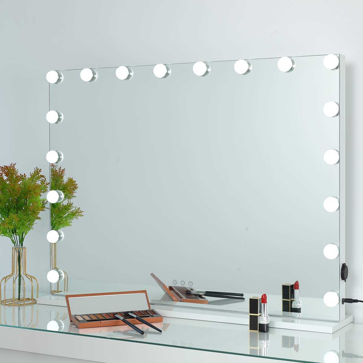 OUO Hollywood Mirror Lighted Vanity Mirror with 18 LED Light Bulbs, Smart Touch Control Cosmetic Makeup Mirror, Tabletop Wall-Mounted