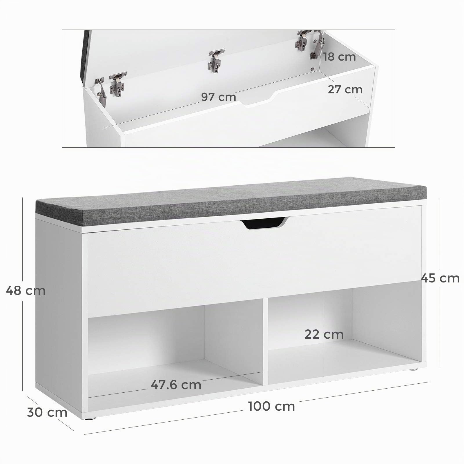 VASAGLE Schuhbank, Sitzbank, 2 offene Fächer, EIN geschlossenes Fach unter dem Deckel, Schuhregal, gepolsterter Sitz, Flur, Schlafzimmer und Eingangsbereich, 100 x 30 x 48 cm, weiß LHS21WT
