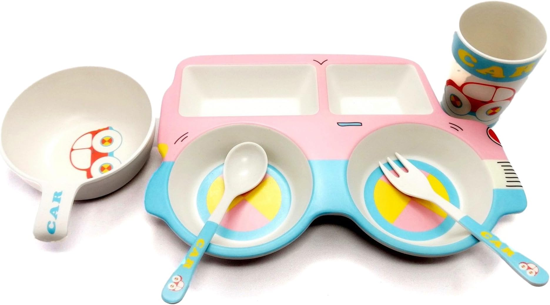 Factory PriceBaby Feeding Set of 5 Pieces,Sqaure Car shaped plates with 2 spoons and 2 Mugs, Bamboo Fiber material, tableware set for kids in Pink color