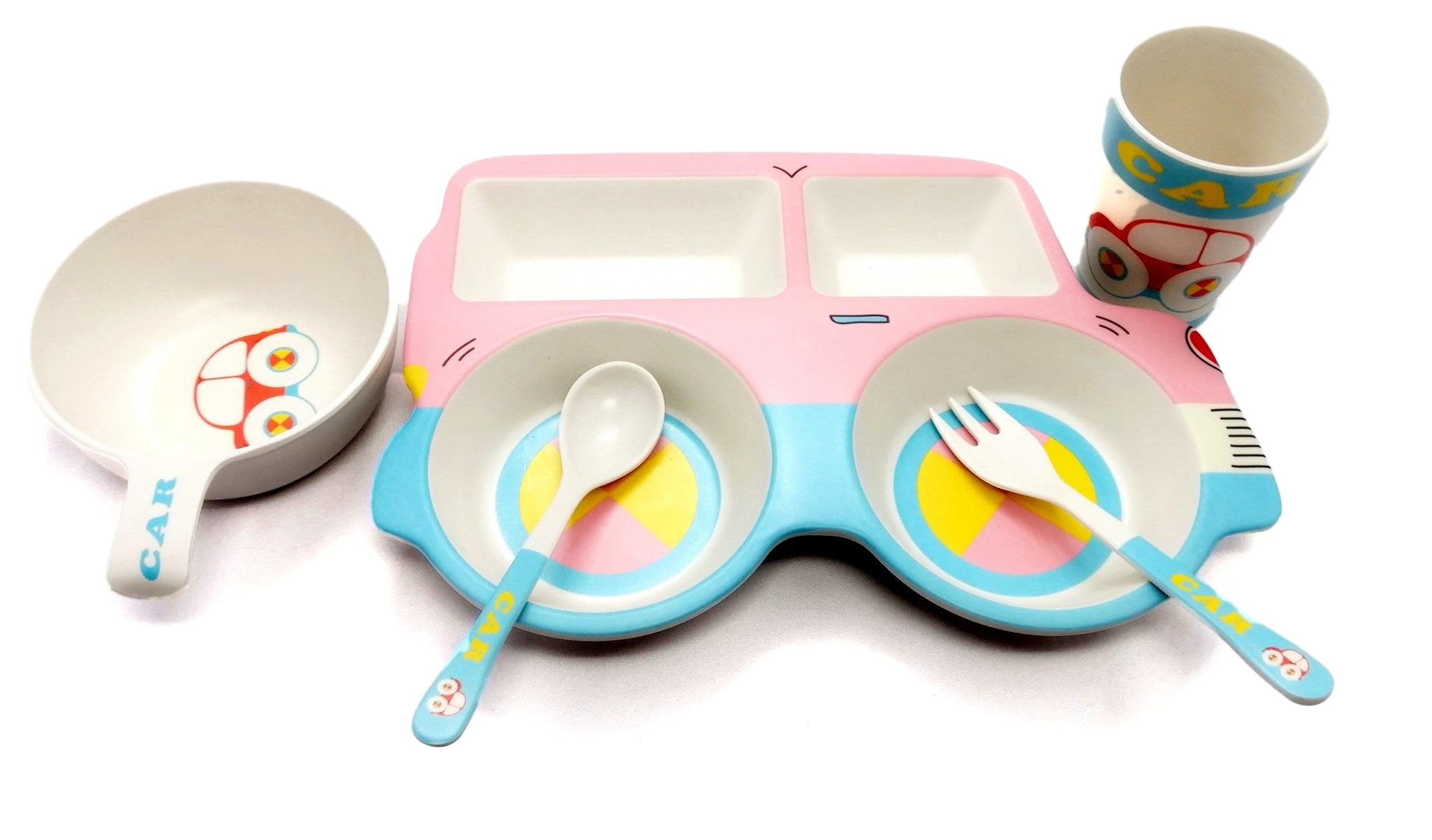 Factory PriceBaby Feeding Set of 5 Pieces,Sqaure Car shaped plates with 2 spoons and 2 Mugs, Bamboo Fiber material, tableware set for kids in Pink color