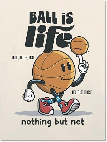 MINI ZOZI Arte de pared retro de baloncesto de 12 x 16 pulgadas, decoración de lienzo colorido, póster divertido vintage de moda para el hogar,