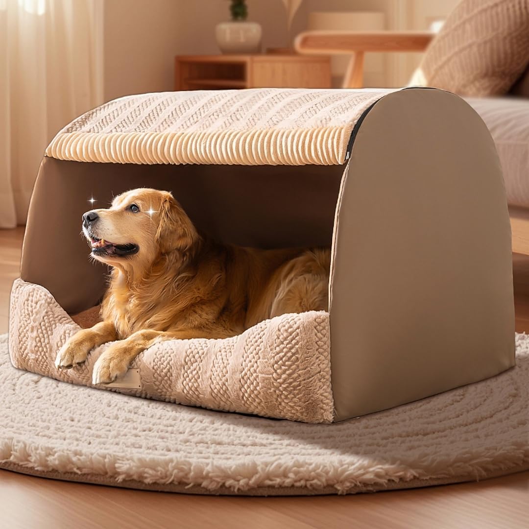 Extra große Hundehütte für den Innenbereich, Memory-Schwamm, gemütliches Hundebett, Haustierschlafhaus, Hundehöhle für Hunde, Katzen (Khaki, XL)