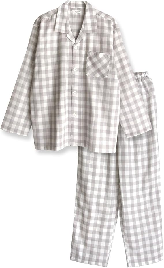 Amazon ノーブランド品 綿100 ダブルガーゼ 春 夏 秋 長袖メンズパジャマ 先染め グレー ブロックチェック パジャマ 通販