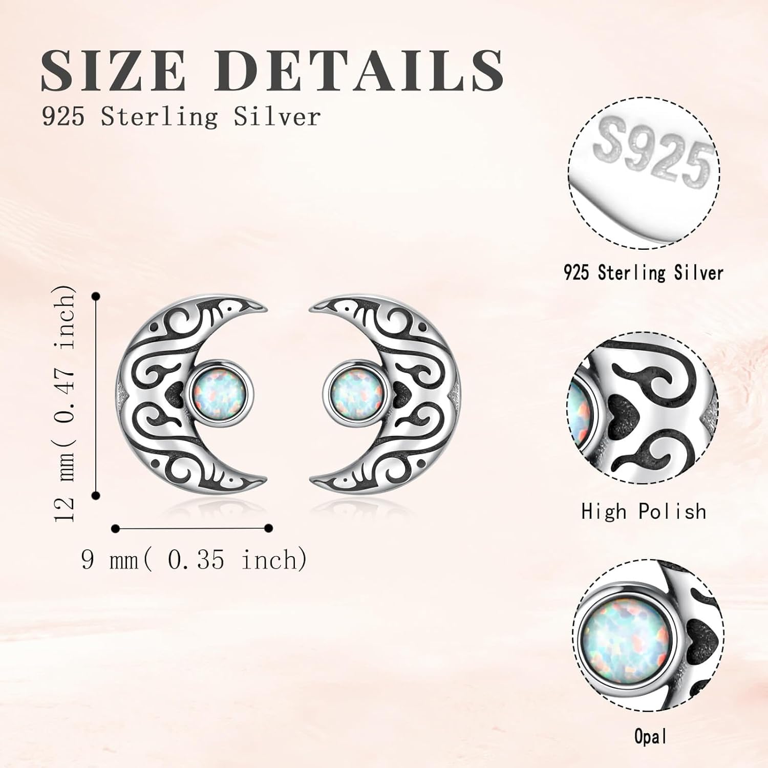 925 Sterling Silver Opal Moon Earrings Hypoallergenic Crescent Moon Stud Jewelry Gifts for Womem - Image 6