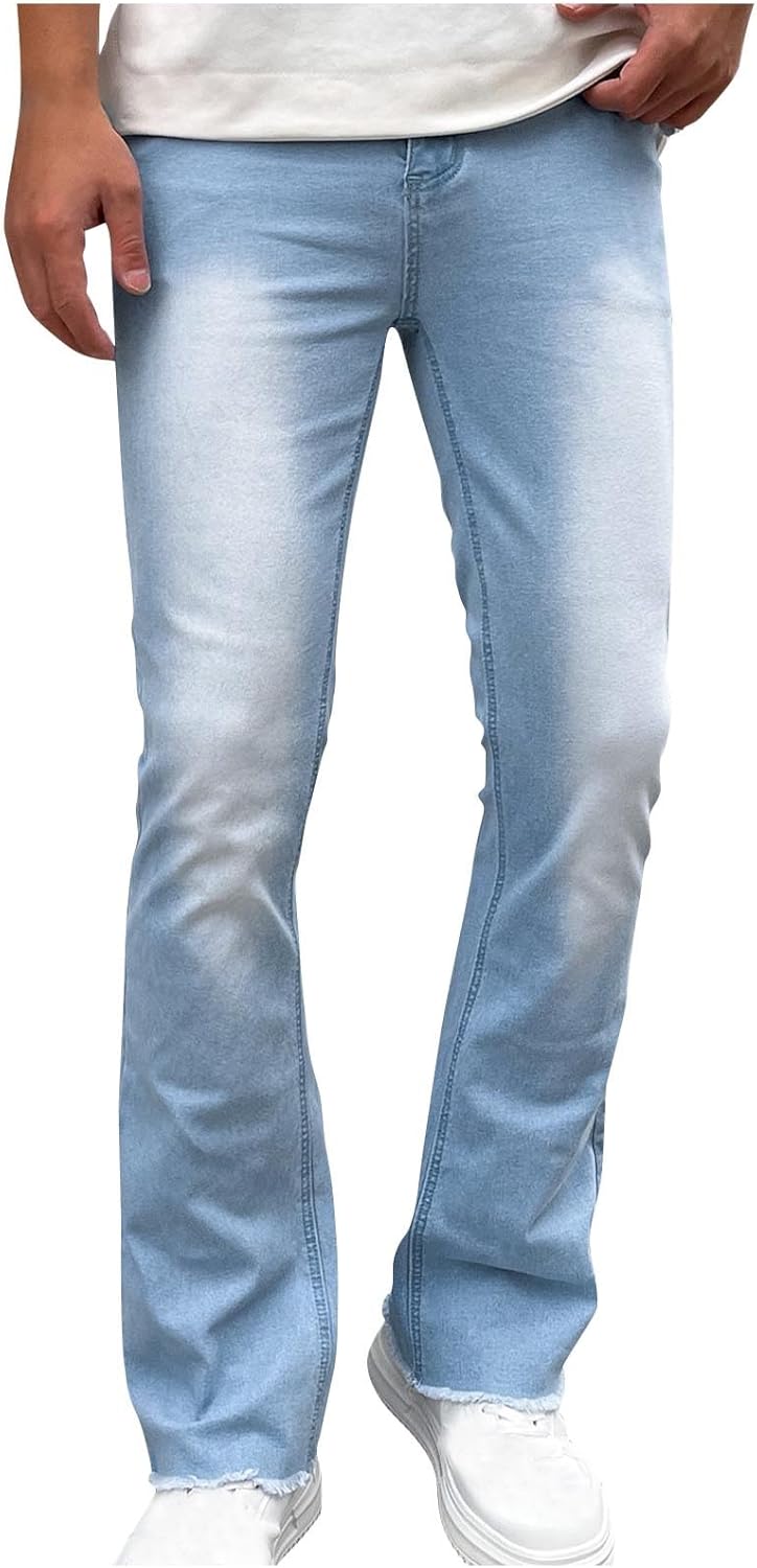 Finelylove Jeans for Men Stretch Fit Low Rise Bootcut Jeans Slim Fit Wash Denim Pants Fashion Streetwear Trousers