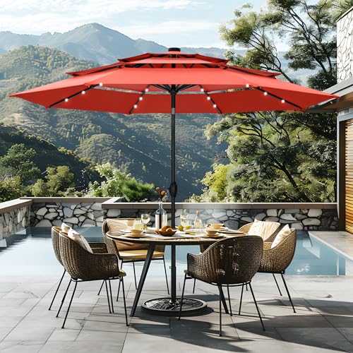 Sophia & William 10ft Patio Umbrellas 3-Tier Umbrella Outdoor Patio Umbrellas with Lights Vented Top 24 LED lights Adjustable Tilt for Pool Garden Backyard, Red