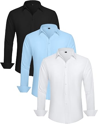Kinglaman 3 Pack Mens Dress Shirts Wrinkle Free Long Sleeve Collared Formal Shirt Solid Office Casual Button Down Shirts