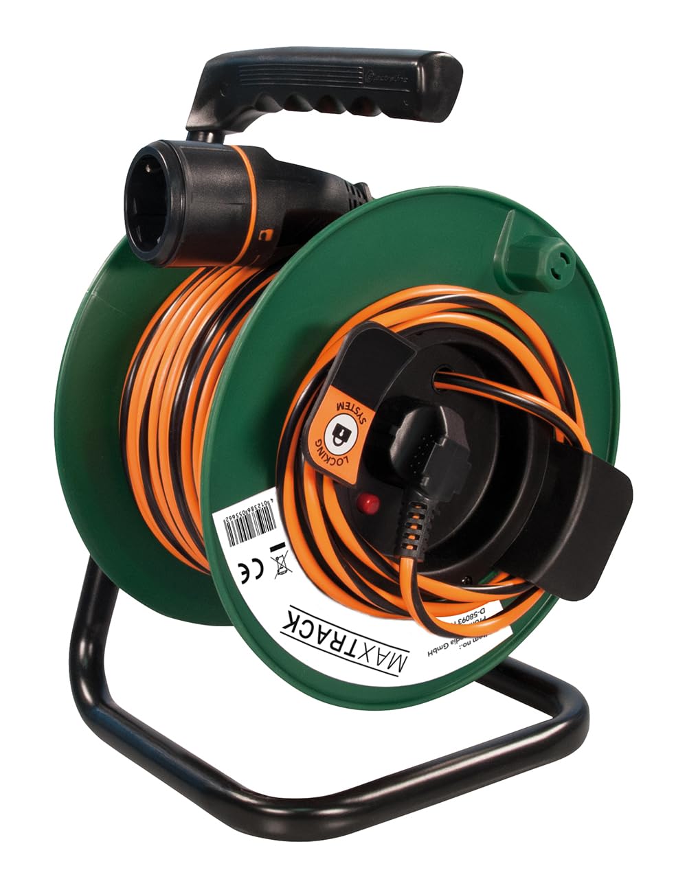 Extensor con contacto de protección, 50 m, con carrete de cable y sistema de bloqueo, H05VV-F 3 x 1,5 mm², fuerza de tracción de 12 kg, soporte de enchufe patentado, resistente y seguro, ideal