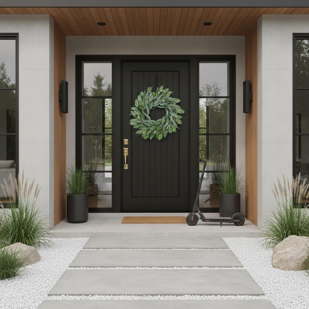 24" Spring Wreaths for Front Door Artificial Green Long Assorted Eucalyptus Leaves, White Berries & Grapevine Base, Handmade for All Seasons Outdoor Porch Window Minimalist Decorate