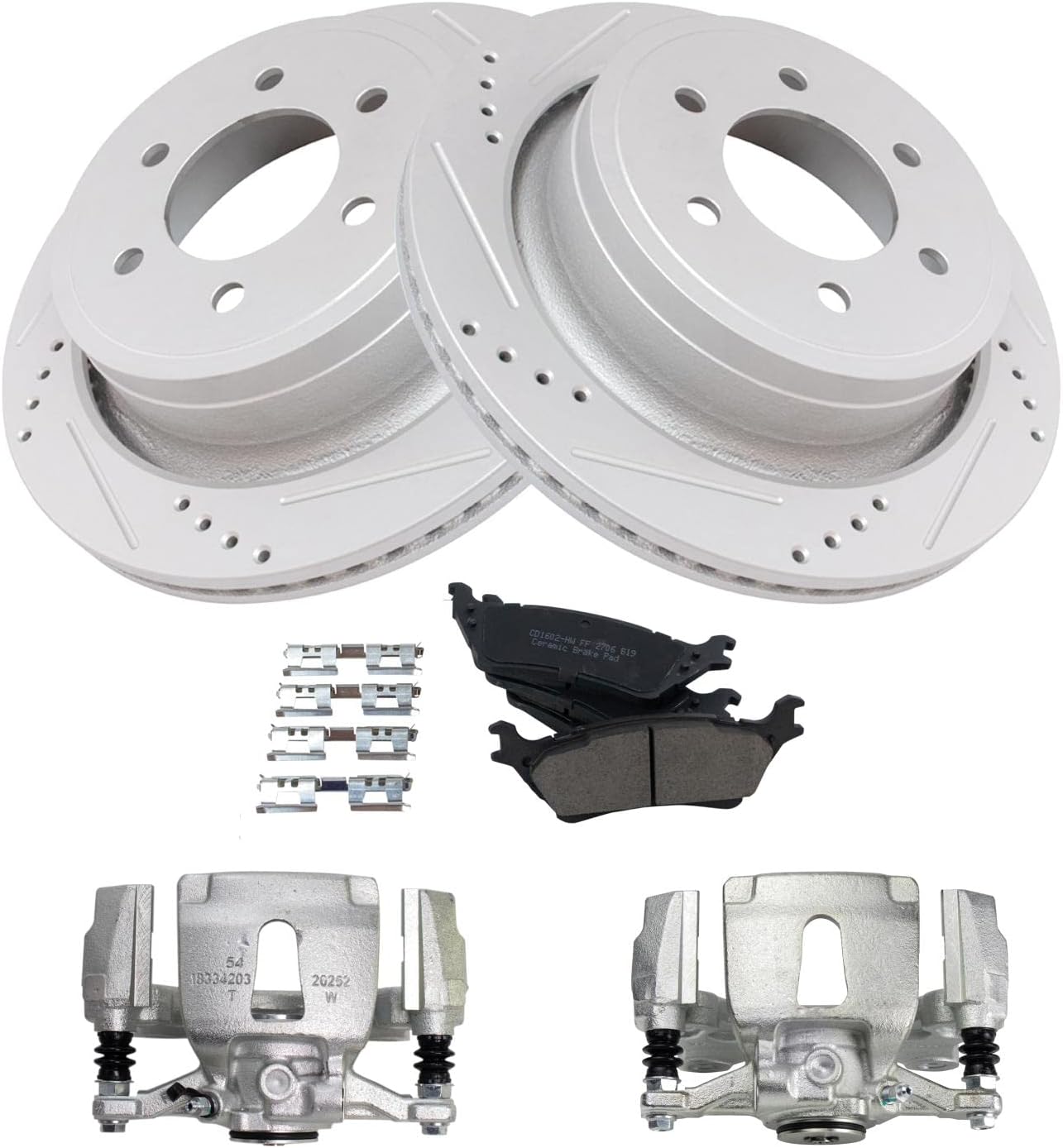 TRQ Rear Performance Brake Pad & Rotor Kit Brake Caliper Brake Pads Brake Rotors Set Ceramic Vented Premium G-Coated Compatible with 2015-2018 Ford F-150