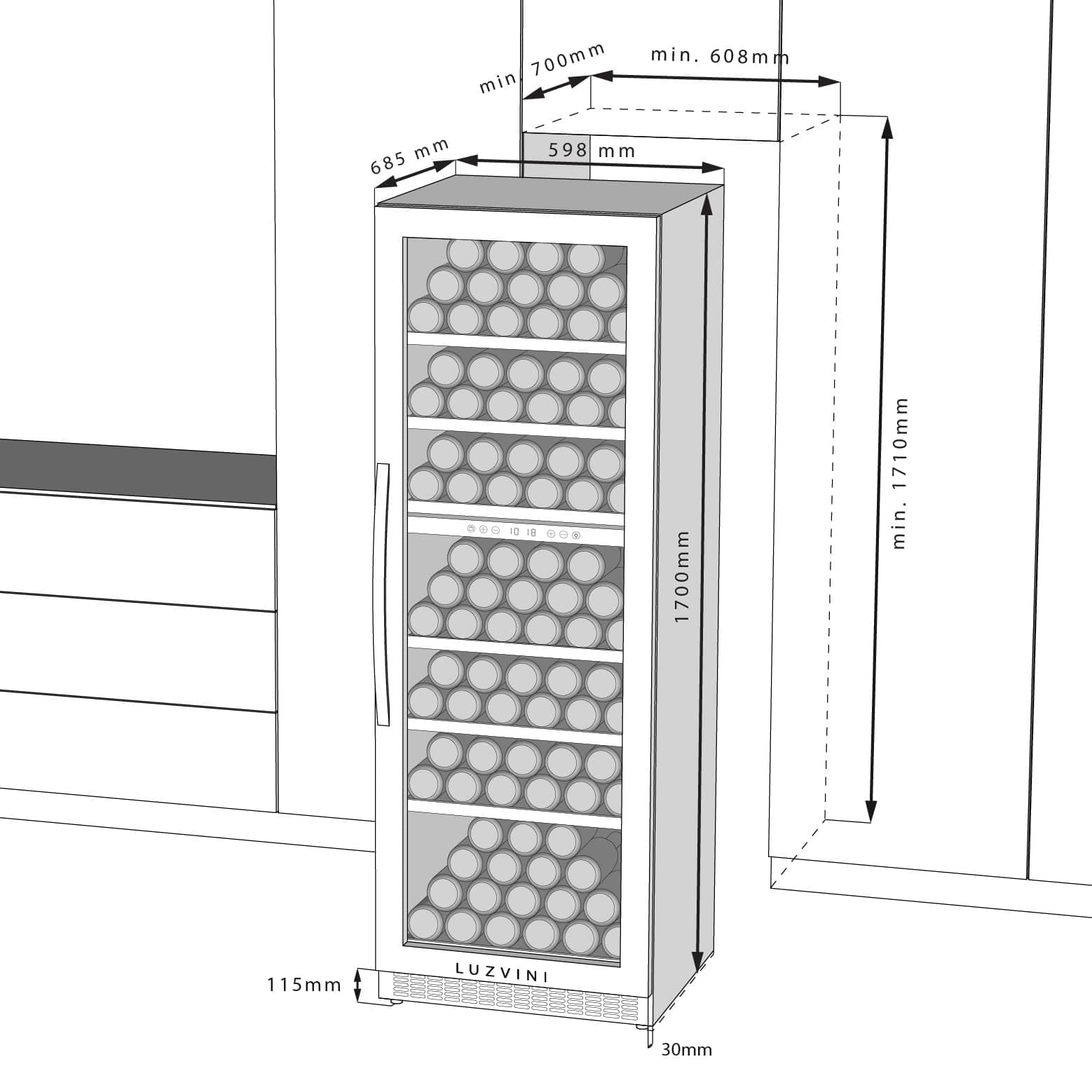 Große weiße LuzVini LV150W Einbau-Weinklimaschrank - Weinkühlschrank mit 2 Zonen - 150 Flaschen, Kompressorkühlung und ausschiebbare Regalen aus Buchenholz