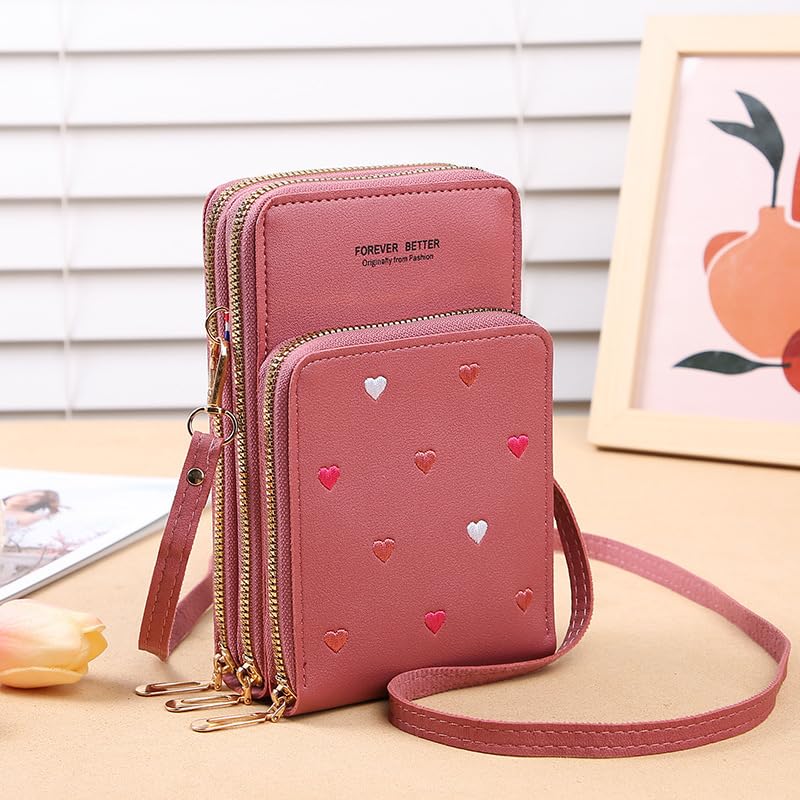 Touch Screen Mobile Phone Bag, Mini Heart Embroidery Crossbody Bag, Multi-Layer Shoulder Coin Purse Valentine's Day gift2