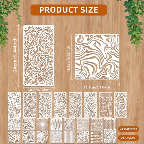 24 PCS Stencils for Painting, Reusable Geometric and Floral Painting Stencils Abstract Layering Stencil for Wooden Furniture, Floor Decor, DIY Craft Supplies, Includes Flower and Stripe Patterns