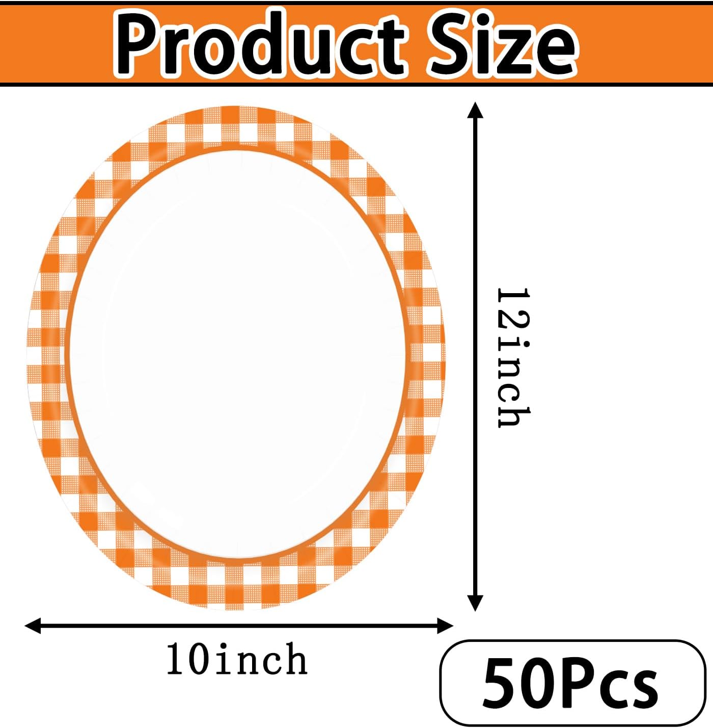 HEIPINIUYE 50 Pieces Orange Gingham Oval Paper Plates 10 X 12 Inch Orange and White Plates Disposable Dinner Plates for Thanksgiving Picnic Wedding Baby Shower Birthday Party Dessert Plates