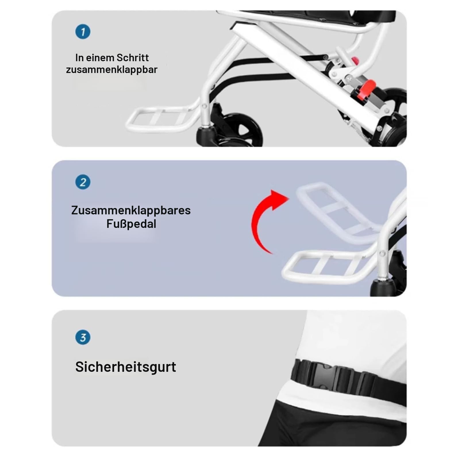 Ultraleichter zusammenklappbarer Rollstuhl, Rollstuhl aus Kohlenstoffstahl-Legierung mit 360° drehbaren Lenkergriffen, PU-Reifen, 8,2 kg, kompakt für Reisen, ideal für ältere und behinderte Menschen
