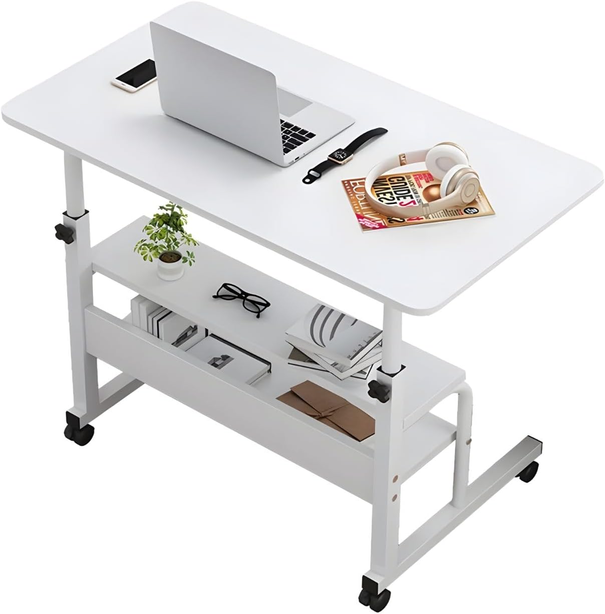 BONTEC Scrivania Pieghevole Salvaspazio 65x50 cm con Ruote, Scrivania Regolabile in Altezza 75,5-111 cm, Piano Regolabile a 90°, Tavolino da Letto per