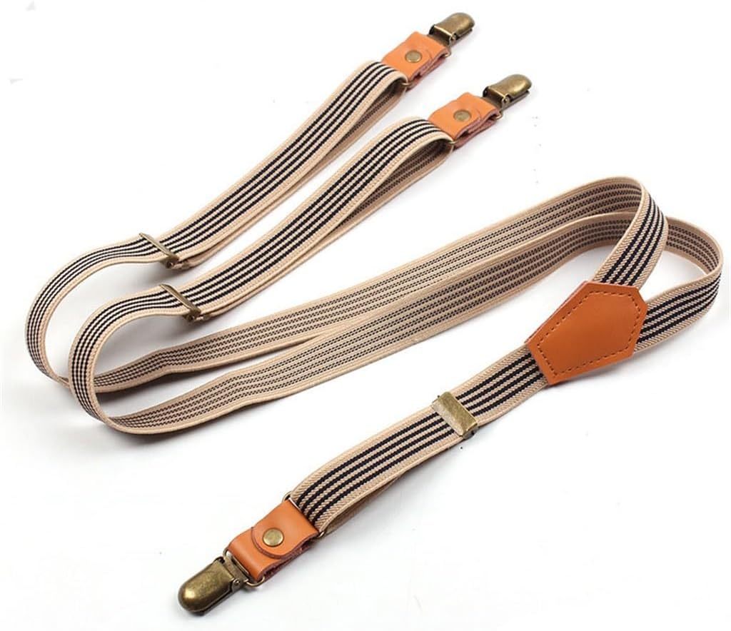 Y strap clip with three clips of genuine leather strap and pants strap with striped suspender strap(D)