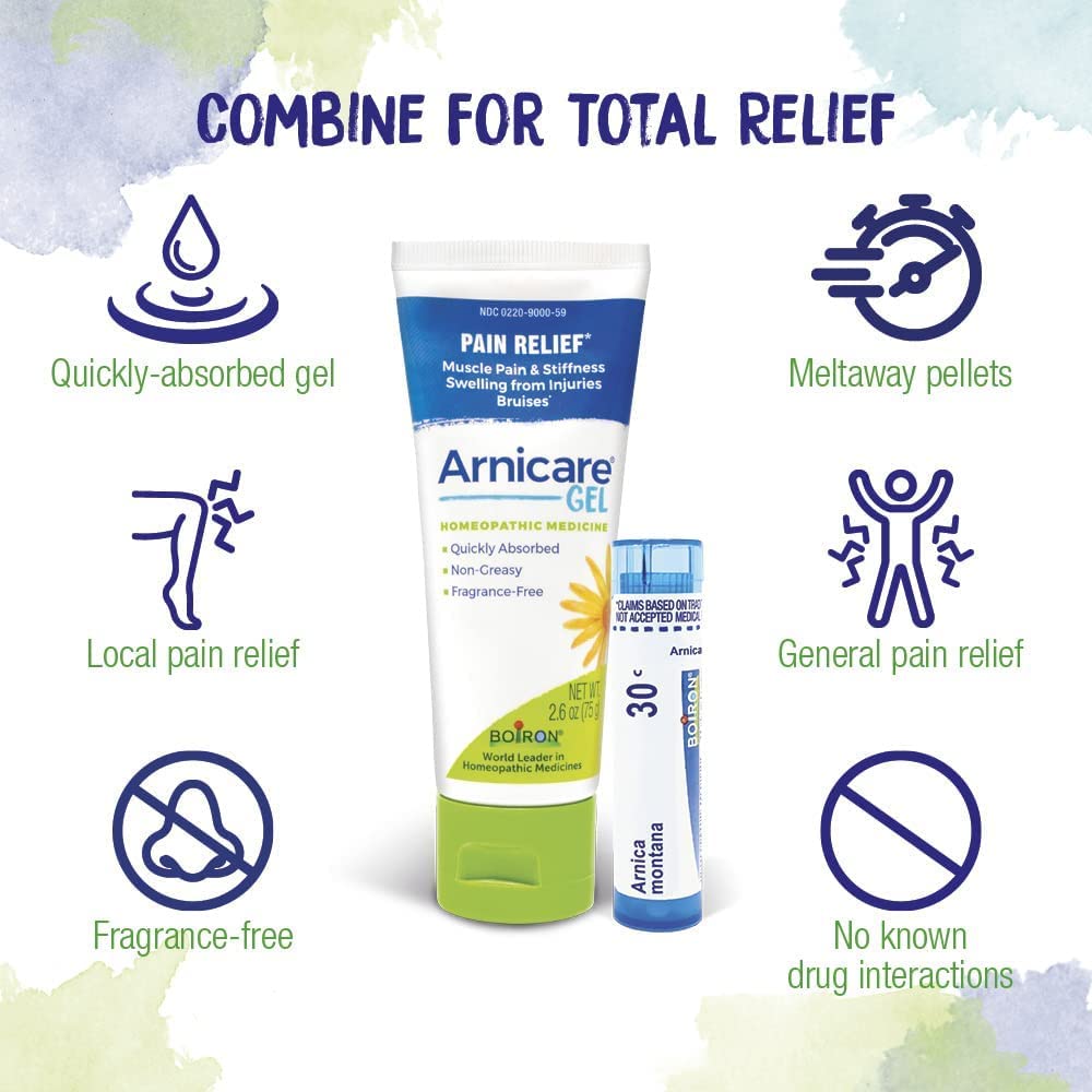 Boiron Arnicare Gel and Arnica 30c Value Pack for Pain Relief, Muscle Soreness, and Swelling from Bruising or Injury - 2.6 oz + 80 Pellet Tube — Amazon image 3
