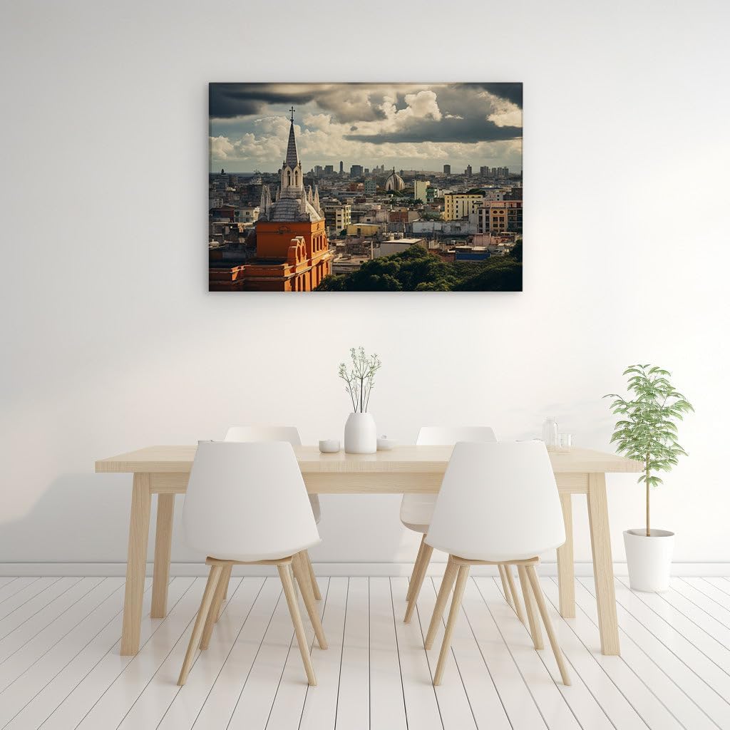 Canvas for Living room. Havana's Hues: An Orange Church Against the Dramatic Sky, 27 x 18 inch Canvas Wall Art - Modern Home Decor