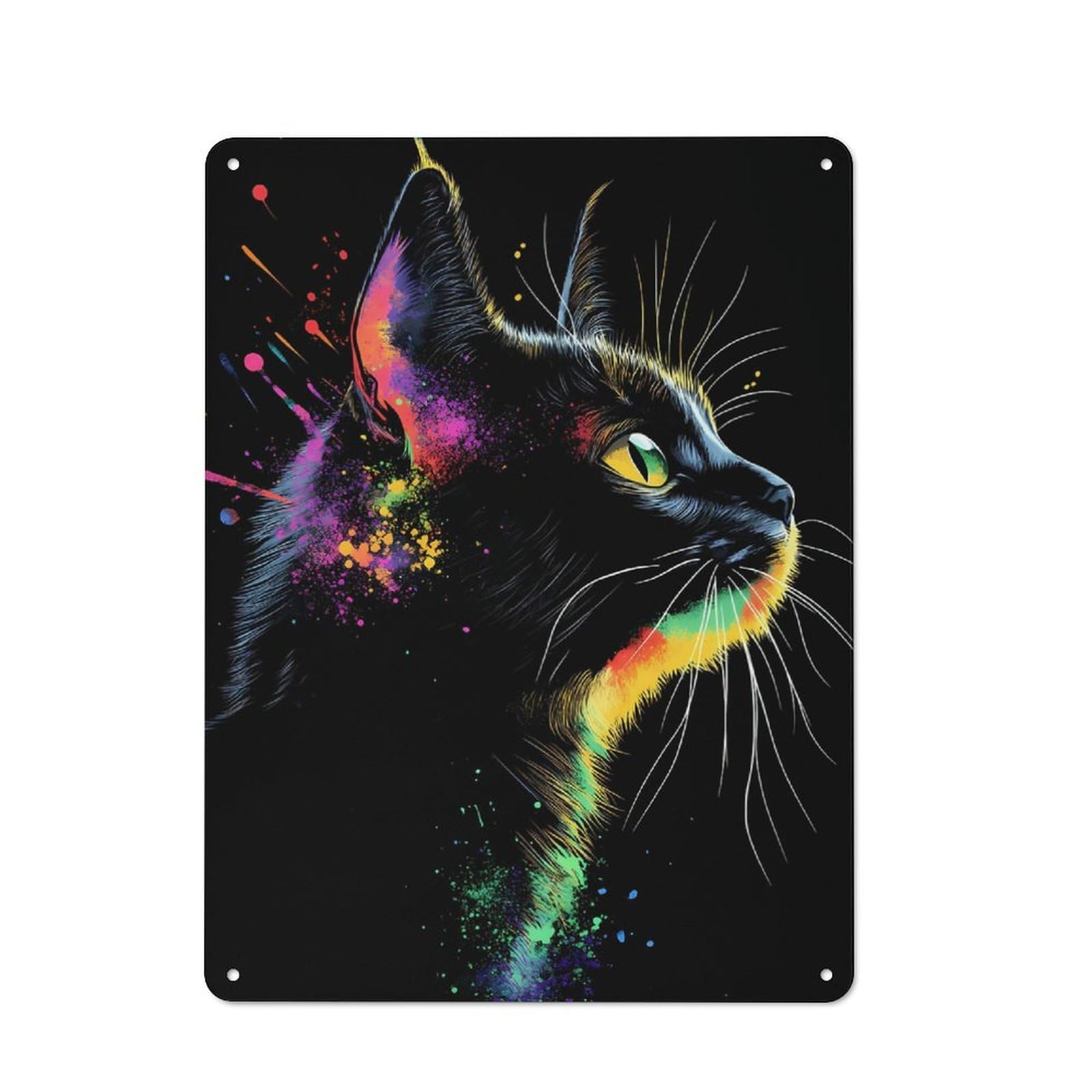 Junmoney Black Cat With Rainbow Splashes Metal Sign 40X30cm With For Pub Or Café, Retro Decor, For Cooler-Month Interiors With Retro Character