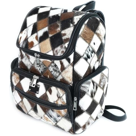 SKY-SELLER Cow Print Leather Backpack - Travel Backpack Multipurpose Adult Women’s Bag Patchwork Cowhide Hair Leather Diaper Bag, Large, Black, PatchBag02 Cover