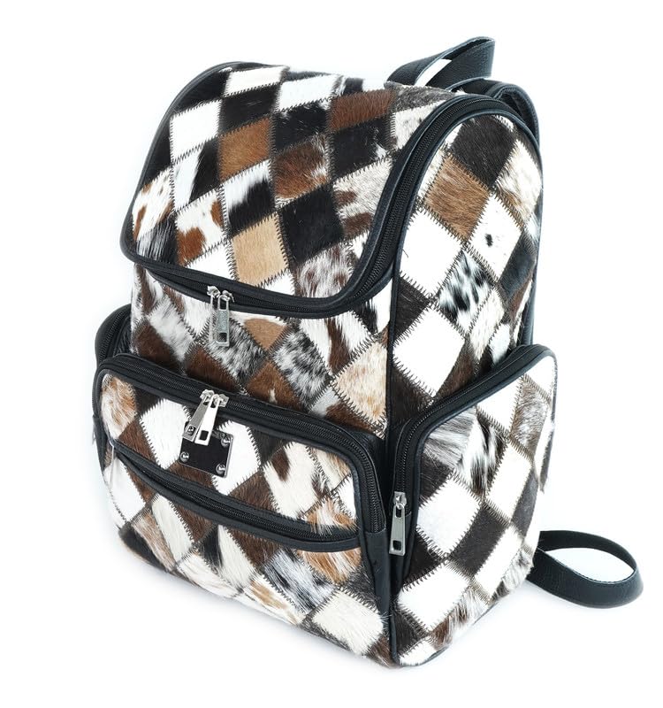 Western Black Patchwork Cowhide Leather Backpack - Everyday Travel Backpack - Genuine Leather Cow Print Checkered Diaper Bag