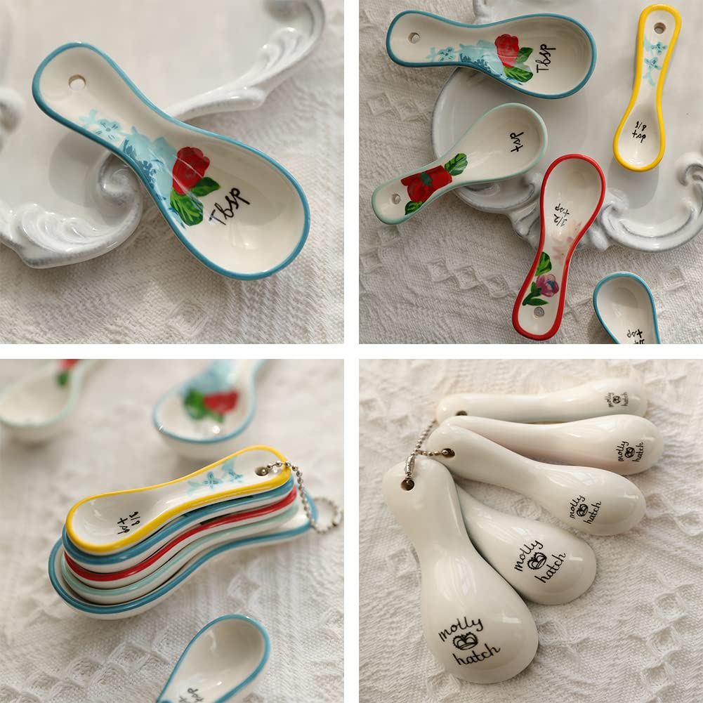 WAYUTO 5-teiliges Keramik-Back-Messlöffel-Set, spülmaschinenfest, niedlicher Blumen-Teelöffel, trockene und flüssige Zutaten, dekorative Küchen-Backlöffel, 1 Esslöffel, 1/4 Teelöffel, 1/8 Teelöffel