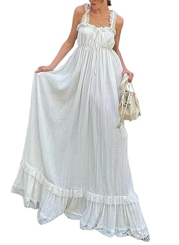 NUFIWI Women White Tiered Cami Long Dress Lace Trim Ruffle Flowy Maxi Dress Sleeveless Swing High Waist Aline Sundress
